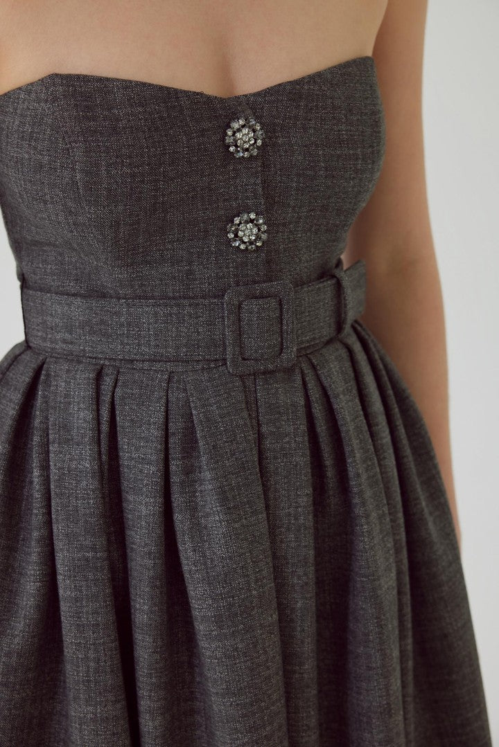 Strapless Belted Anthracite Midi Dress with Pleated Skirt