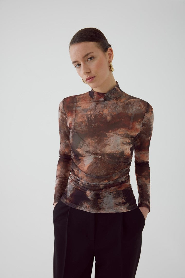 Multicolor Stretch Tulle Knit Blouse with Patterned Design