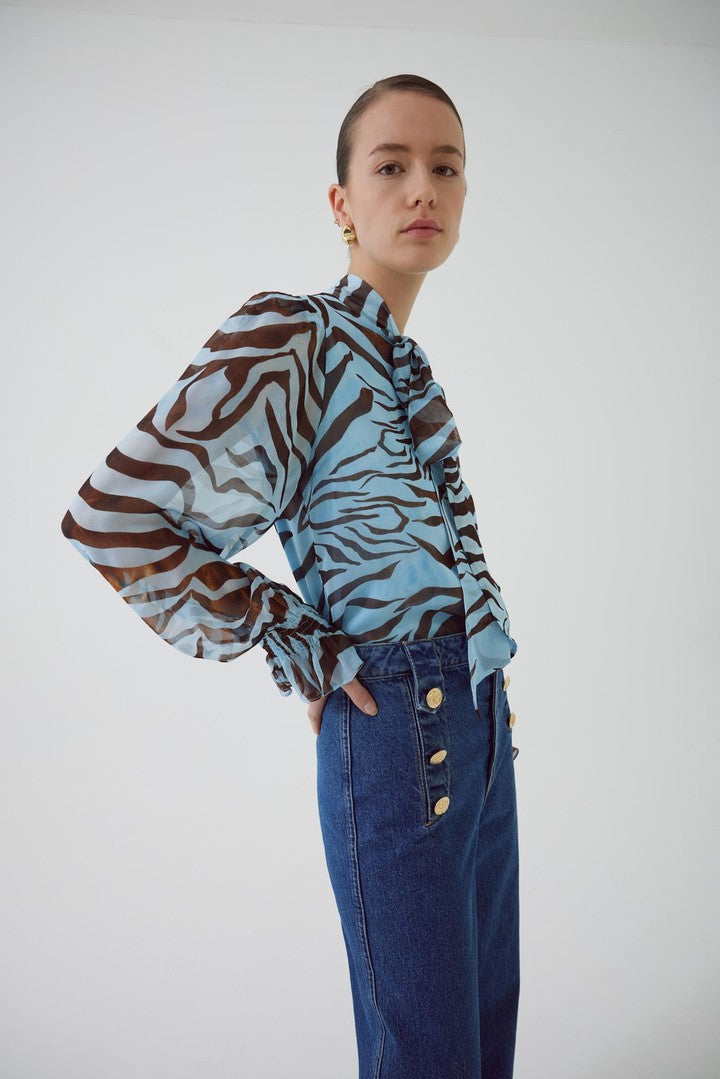 Regular Fit Zebra Print Blouse with Scarf Neck and Balloon Sleeves