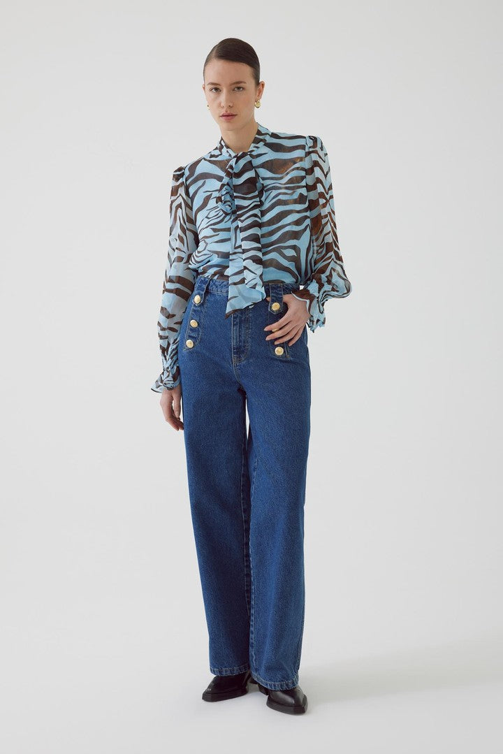 Regular Fit Zebra Print Blouse with Scarf Neck and Balloon Sleeves