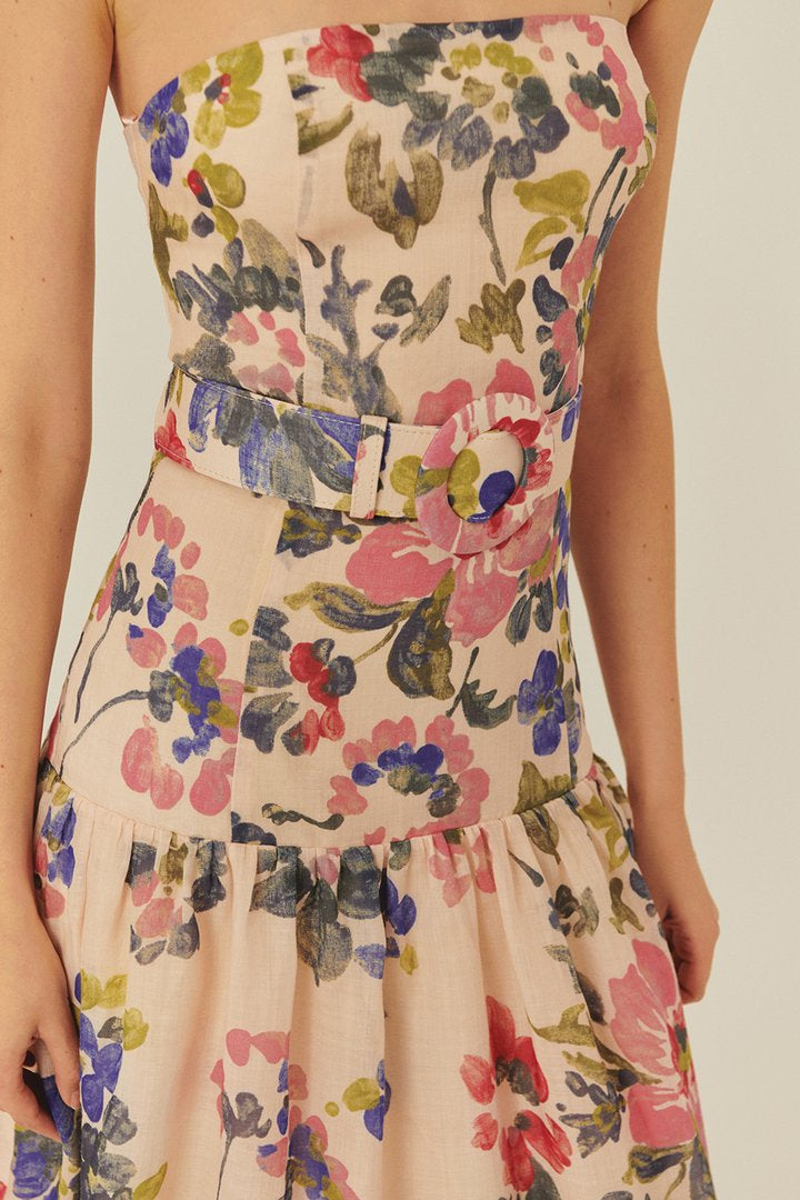 Floral Strapless Midi Dress with Belt