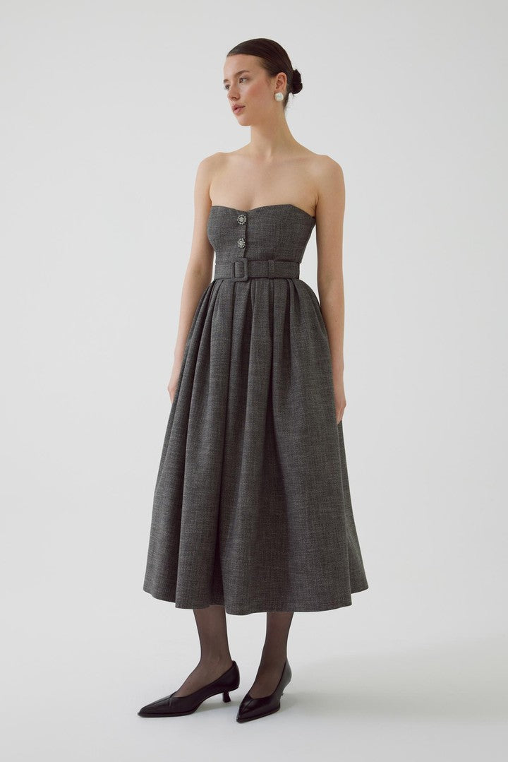 Strapless Belted Anthracite Midi Dress with Pleated Skirt