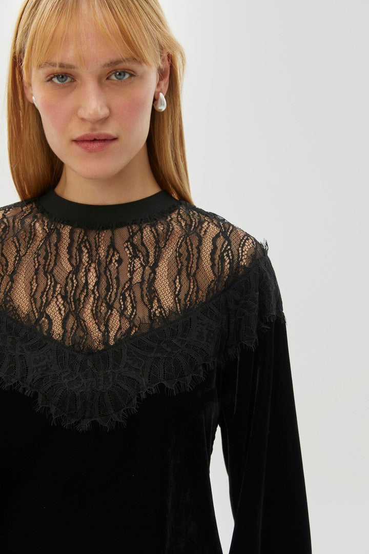 Black Regular Fit Blouse with Velvet and Tulle Details