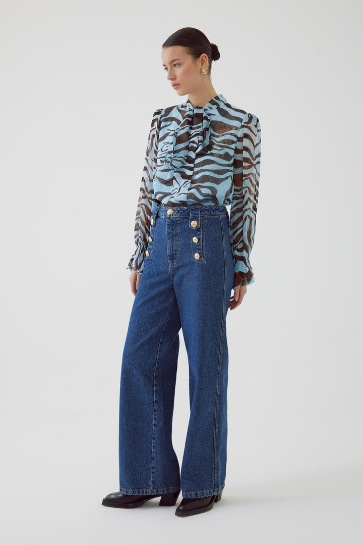 Indigo Cotton Regular Fit Denim Pants with Button Details