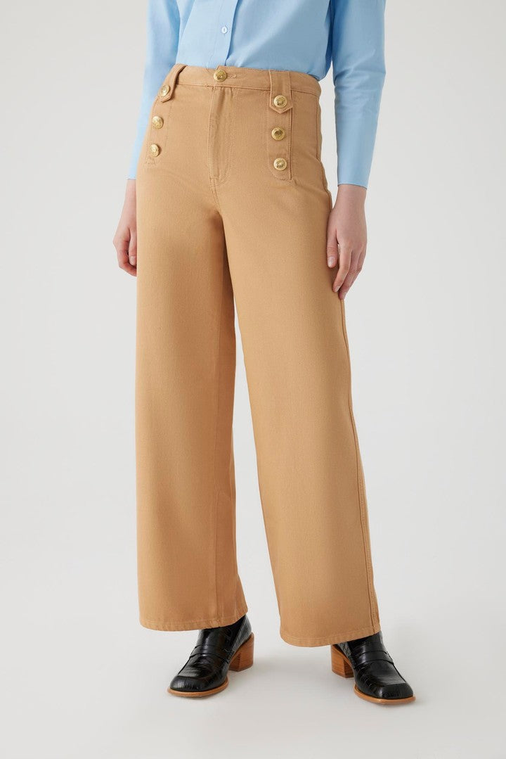 Camel Cotton Regular Fit Denim Pants with Button Details