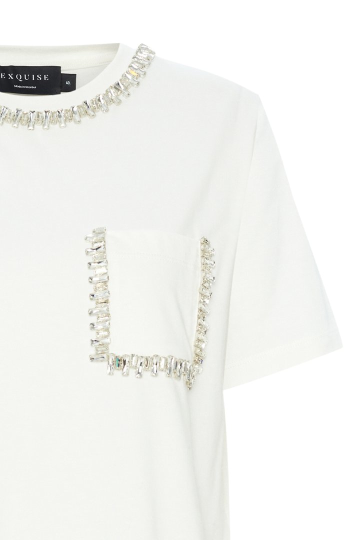 Bone Cotton Regular Fit T-Shirt with Embroidered Neckline and Stone Details