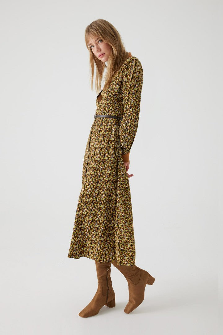 Regular Fit Patterned Midi Dress with Long Sleeves
