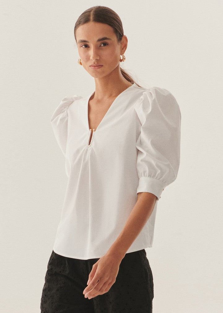 Puff Sleeve Poplin Keyhole Blouse