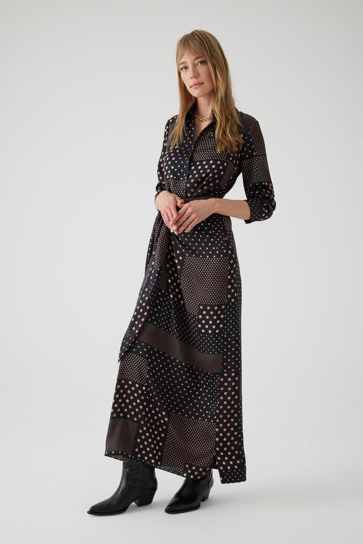 Polka Dot Maxi Shirt Dress with Long Sleeves