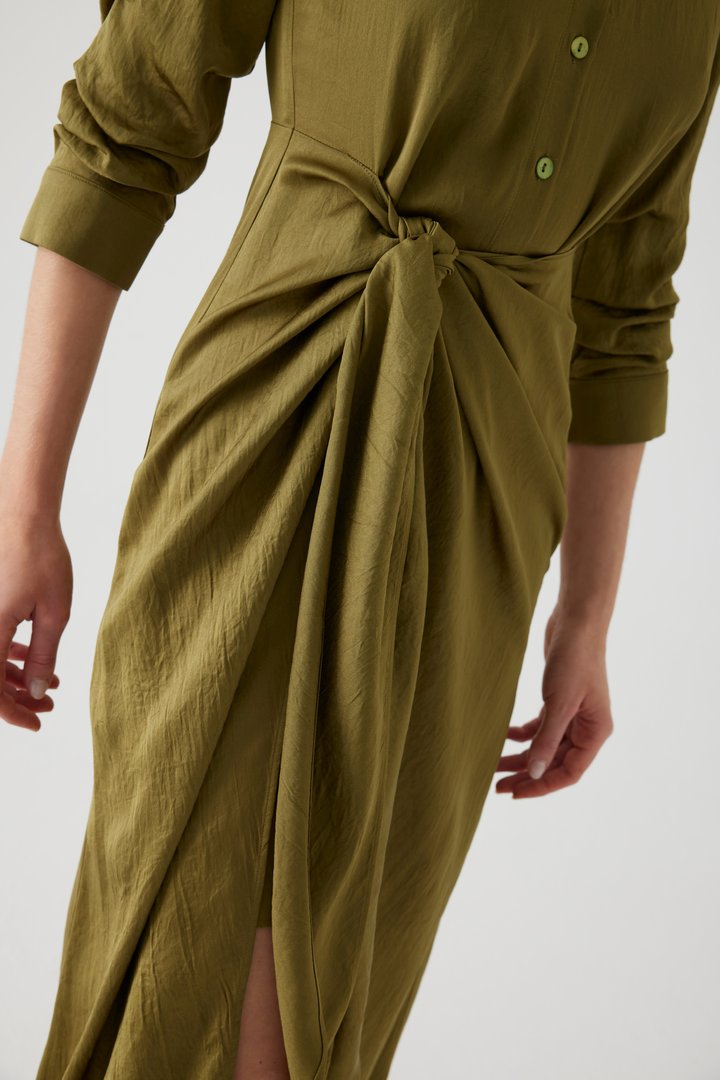 Khaki Midi Shirt Dress with Fitted Waist, Sleeve Details, and Waist Belt