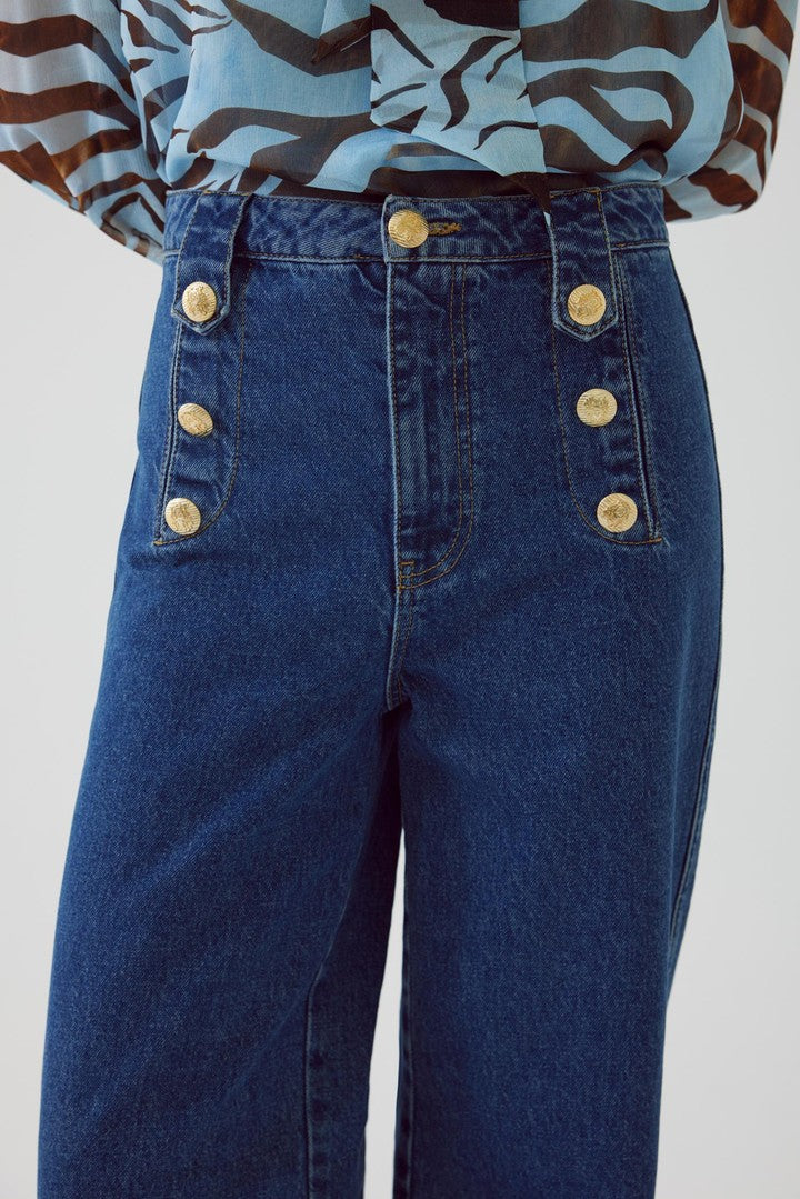 Indigo Cotton Regular Fit Denim Pants with Button Details