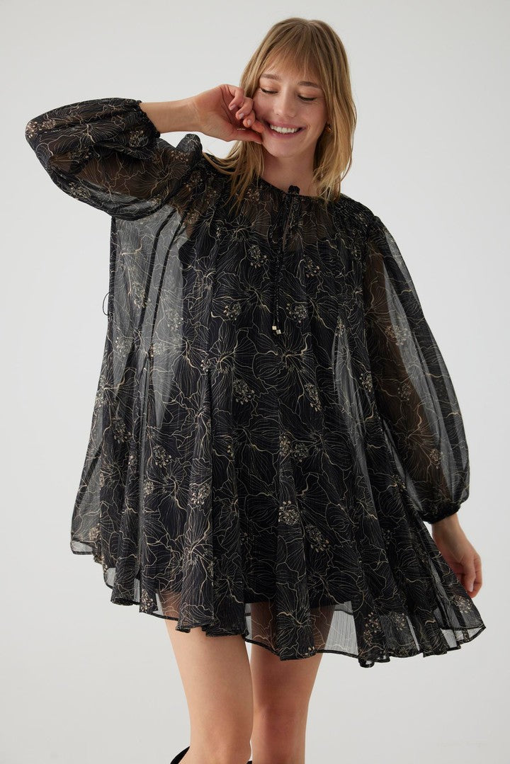 Flowy Mini Dress with Chiffon Fabric and Waist Belt