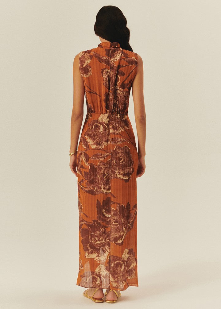 Printed Maxi Dress with Pearl Buckle Detail