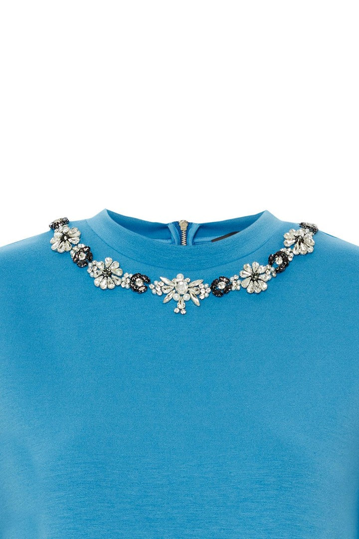 Blue Regular Fit T-Shirt with Crystal Embellished Neckline