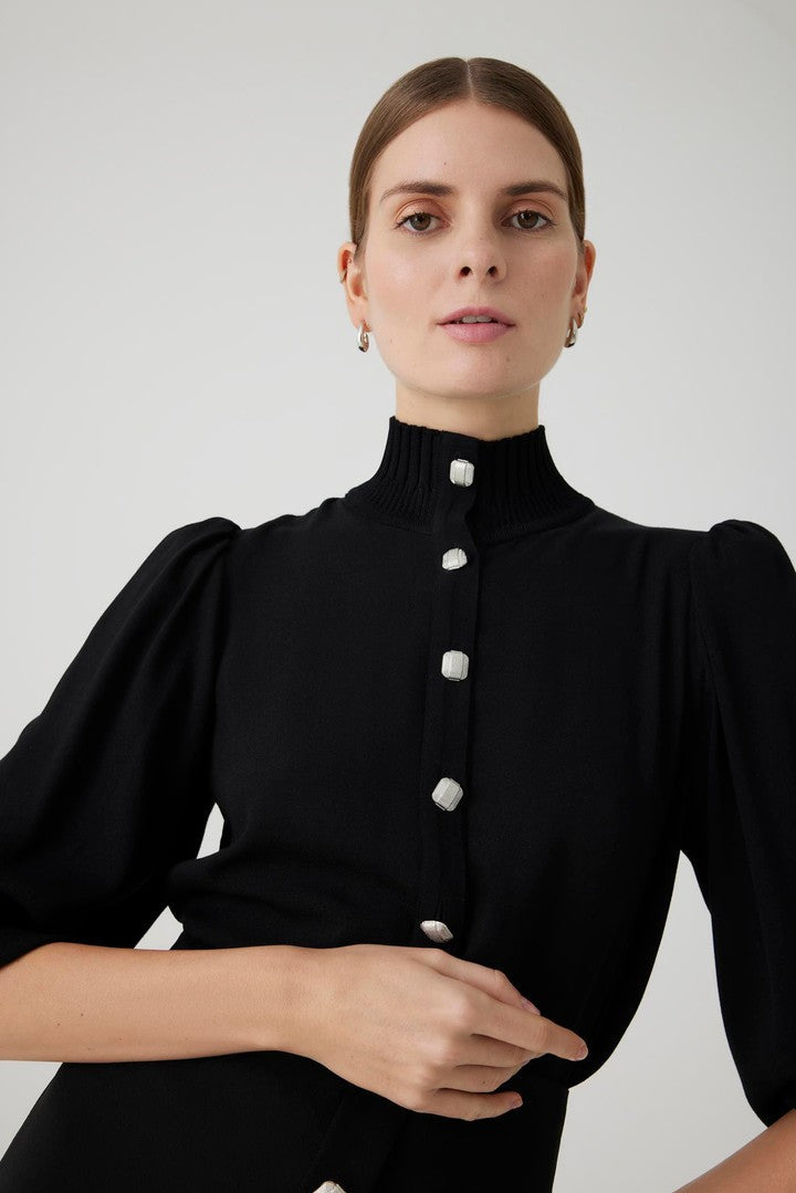 Black Relaxed Fit Shirt with High Neck, Knit Details, and Long Sleeves
