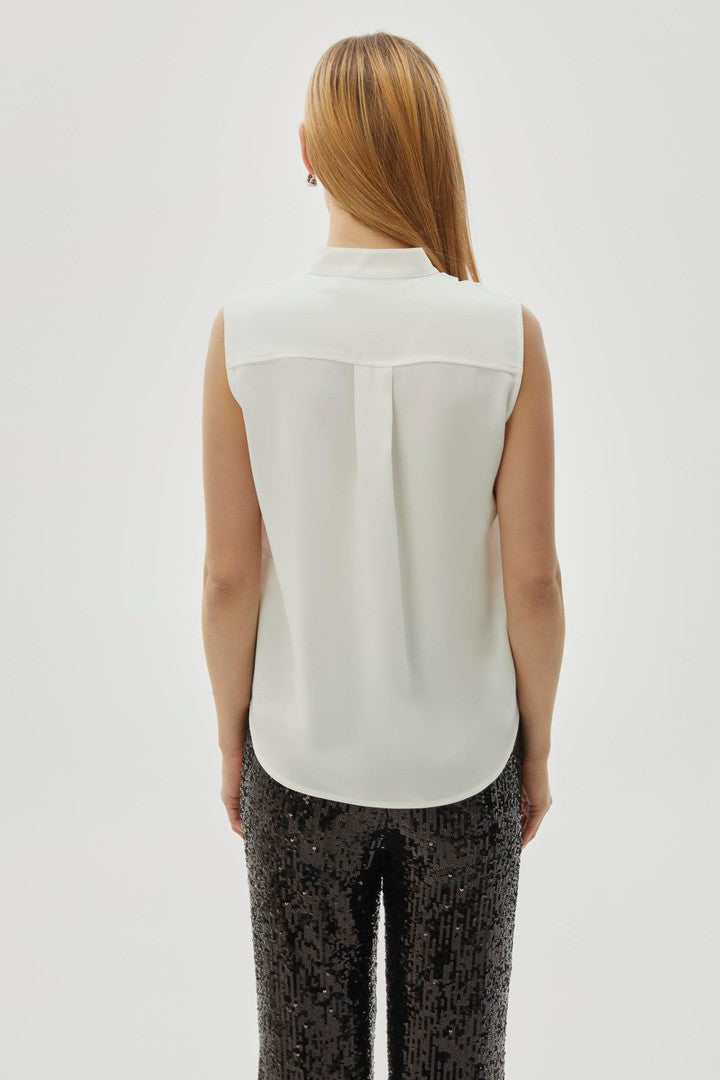 Bone Regular Fit Sleeveless Blouse with Lace Trim