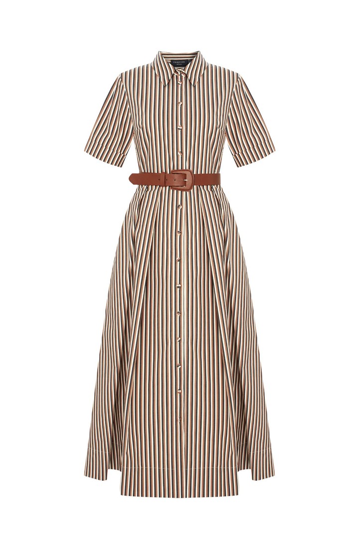 Striped Midi Dress with Shirt Collar, Belt, and Fitted Waist