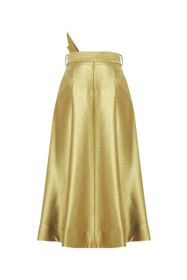 Regular Fit Gold Midi Skirt with Belt Detail