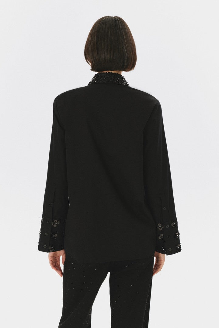 Black Regular Fit Cotton Shirt with Sequin Accents and Floral Embroidered Sleeves