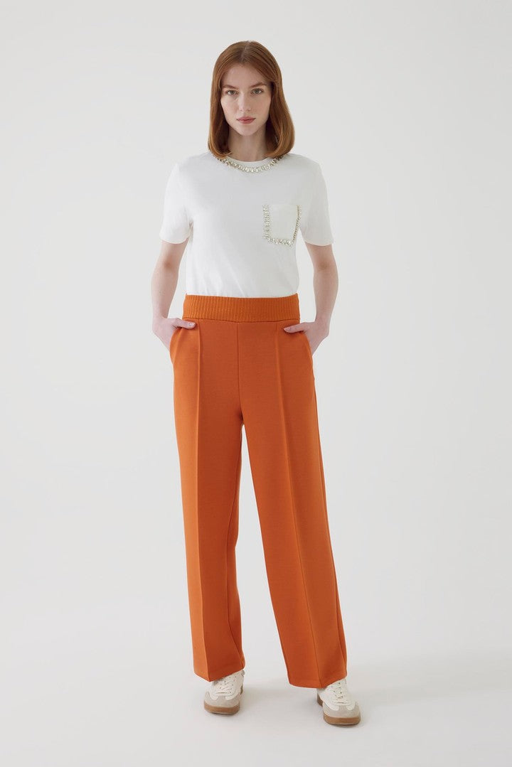 Regular Fit Straight Cut Pants with Elastic Waist