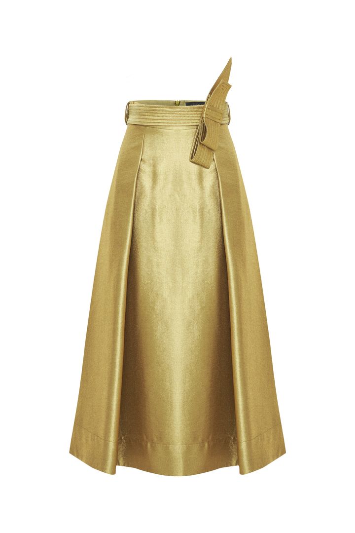 Regular Fit Gold Midi Skirt with Belt Detail