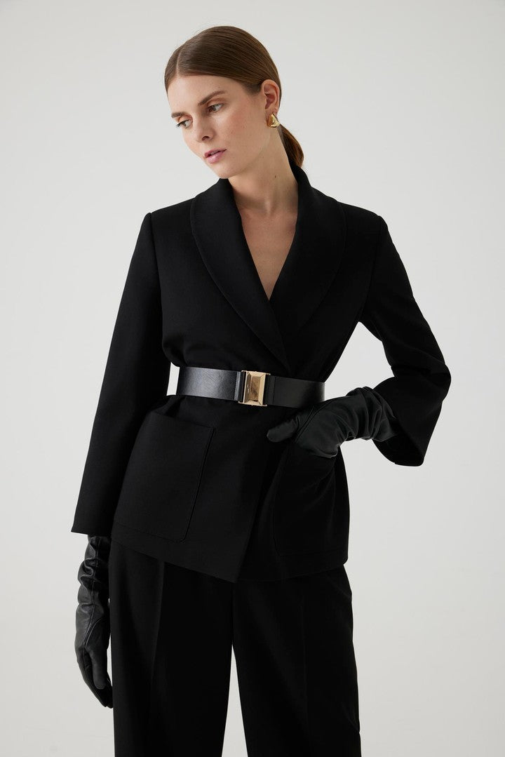 Black Regular Fit Jacket with Belt Detail and Large Pockets