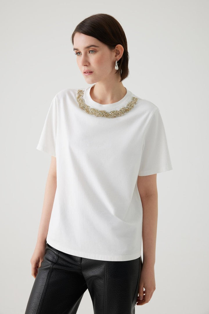 Regular Fit Cotton T-Shirt with Crystal Stone Embellished Neckline