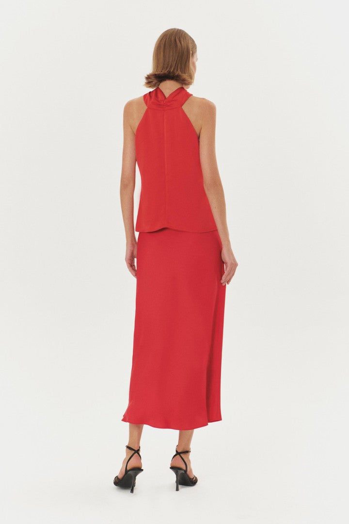 Red Regular Fit Satin Blouse with Knot Detail