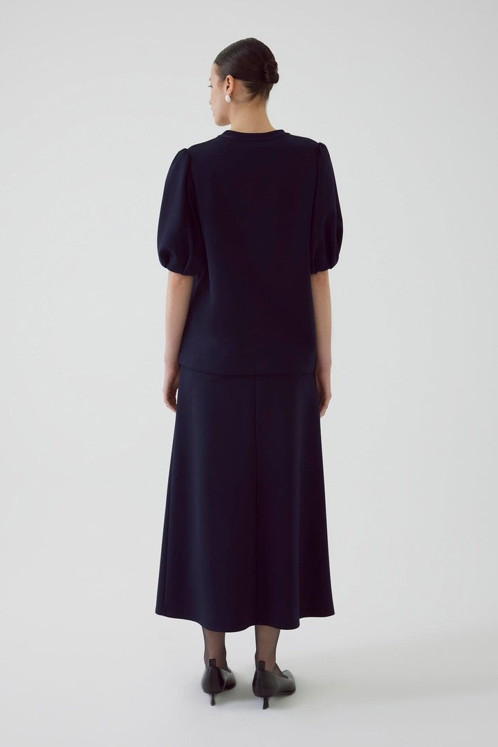 Navy Regular Fit Knit Sweatshirt with Crystal Stone Embellishments and Short Balloon Sleeves