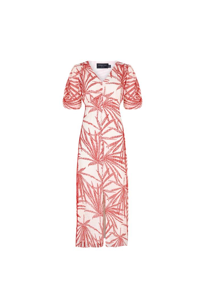 Regular Fit Patterned Rayon Chiffon Midi Dress with V-Neck, Balloon Sleeves, and Buttons