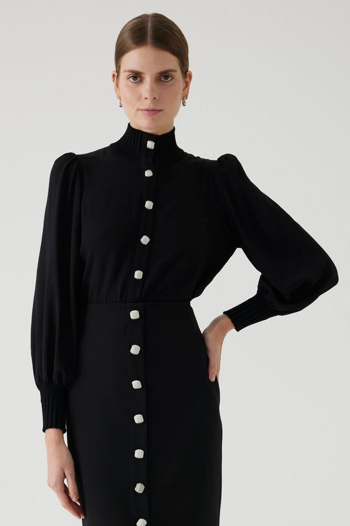 Black Relaxed Fit Shirt with High Neck, Knit Details, and Long Sleeves