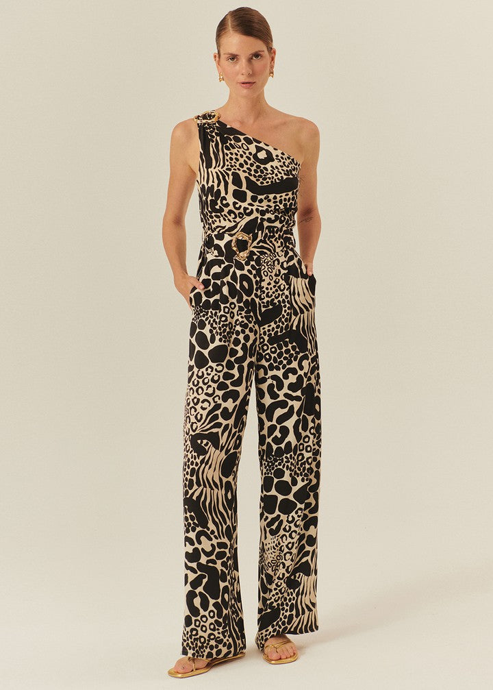 Patterned Regular Fit Jumpsuit with Belt and Buckle Details