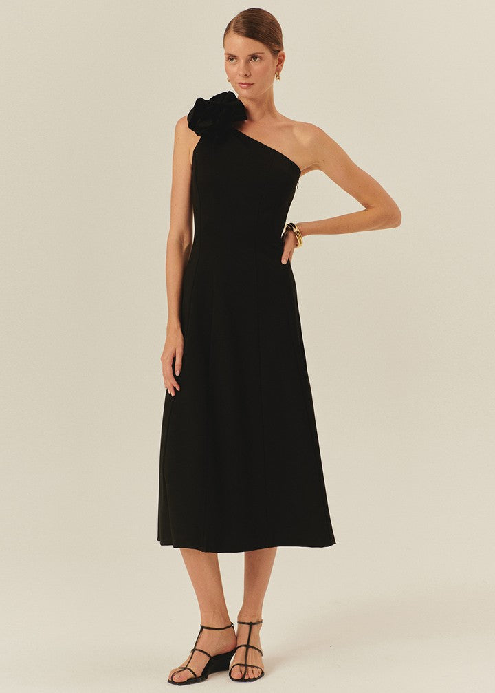 One-Shoulder Rose Appliqué  Dress