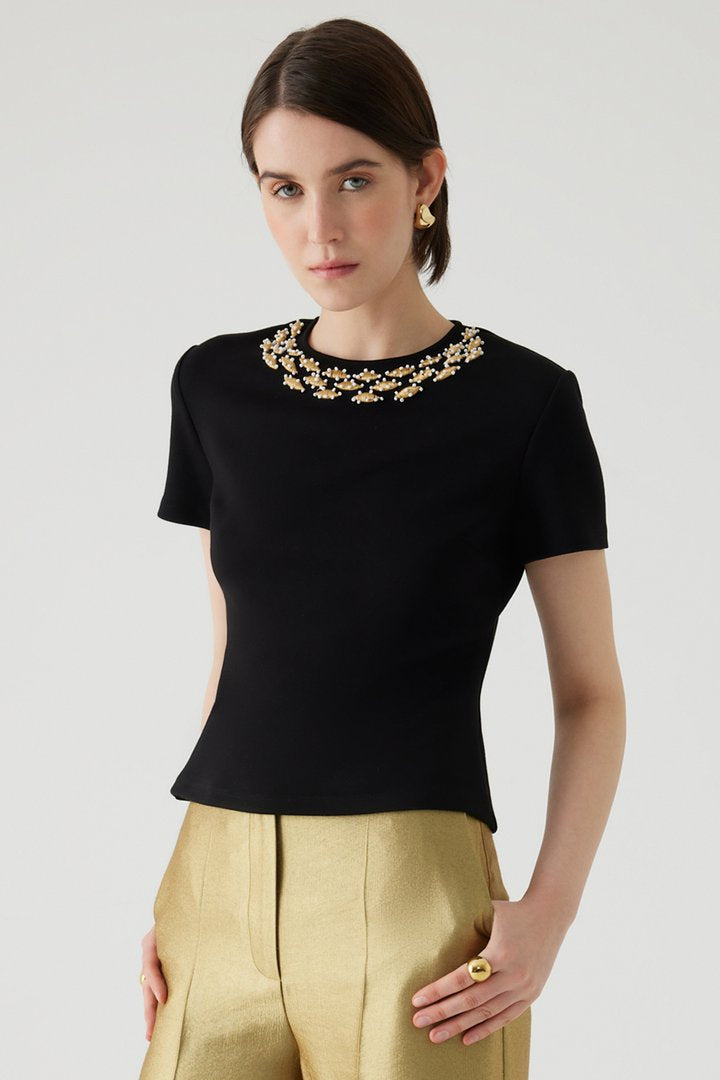 Regular Fit T-Shirt with Embroidered Neckline and Stone Details