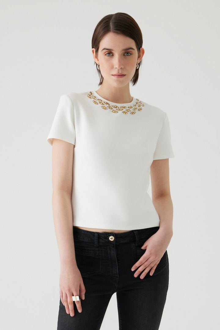 Regular Fit T-Shirt with Embroidered Neckline and Stone Details