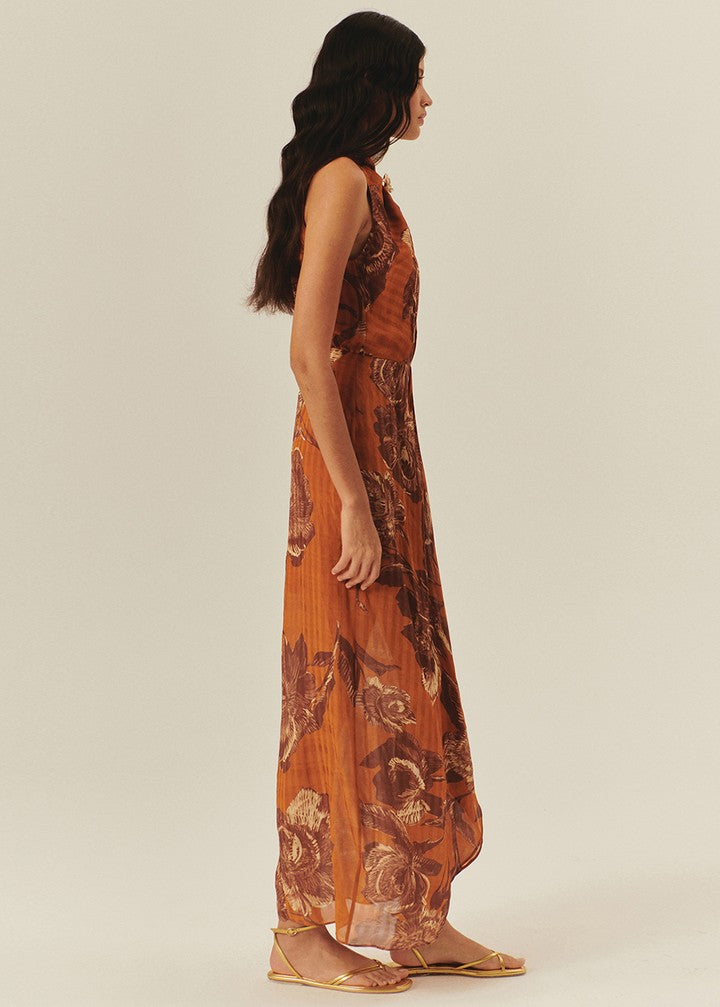 Printed Maxi Dress with Pearl Buckle Detail