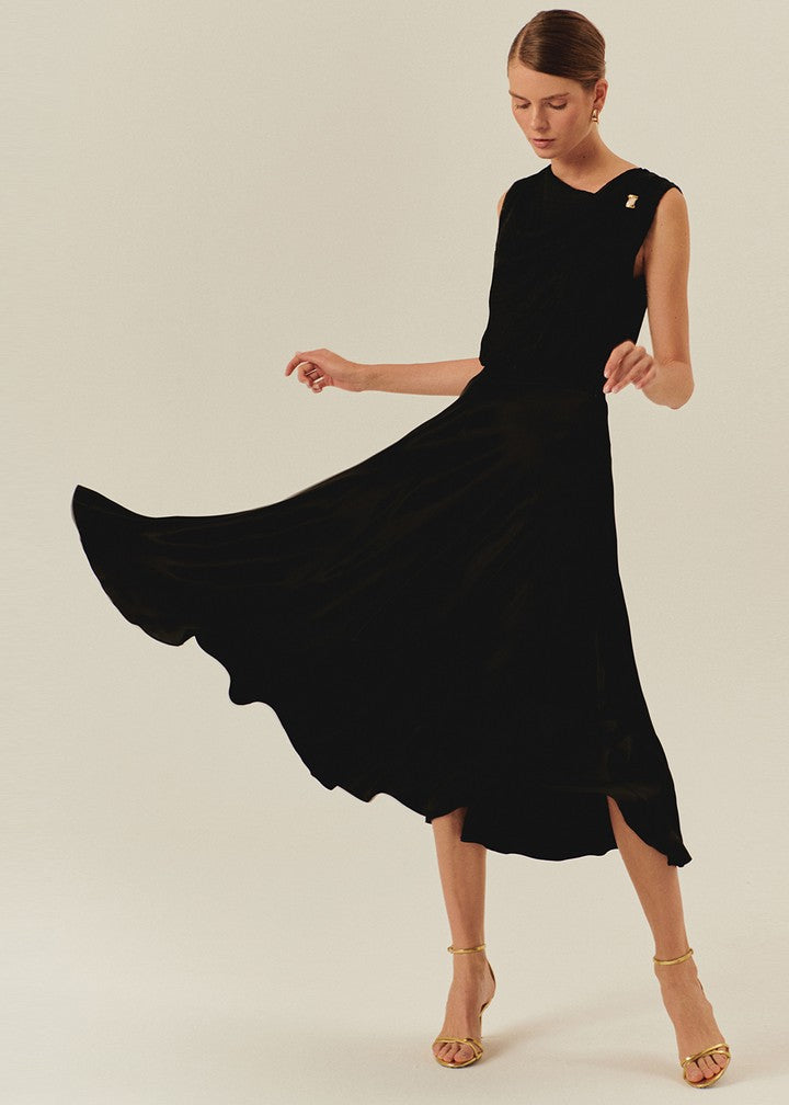 Asymmetric Neckline Sleeveless Black Blouse