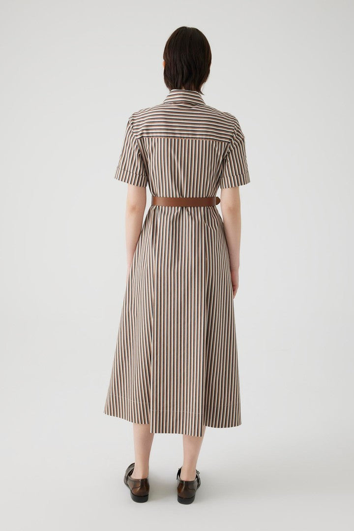 Striped Midi Dress with Shirt Collar, Belt, and Fitted Waist