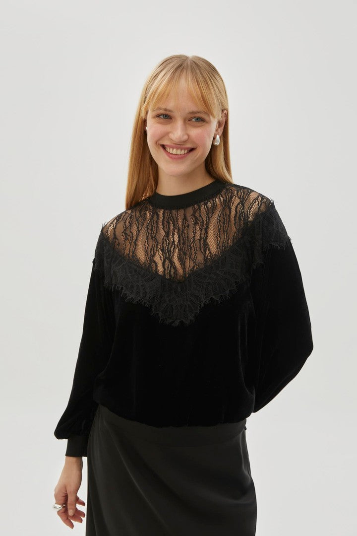 Black Regular Fit Blouse with Velvet and Tulle Details