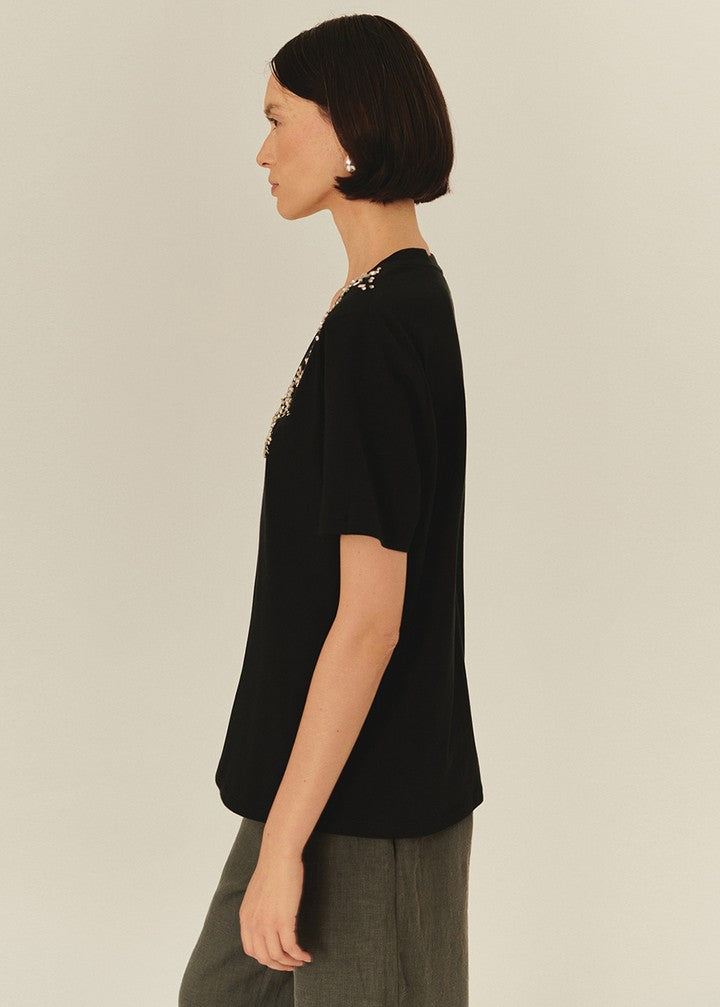 Embroidered V-Neck Cotton T-Shirt