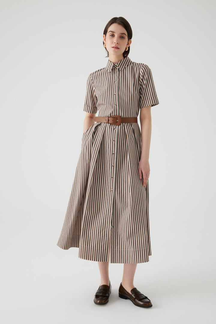 Striped Midi Dress with Shirt Collar, Belt, and Fitted Waist