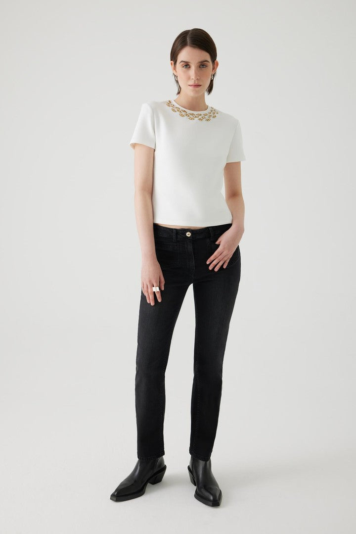Regular Fit T-Shirt with Embroidered Neckline and Stone Details