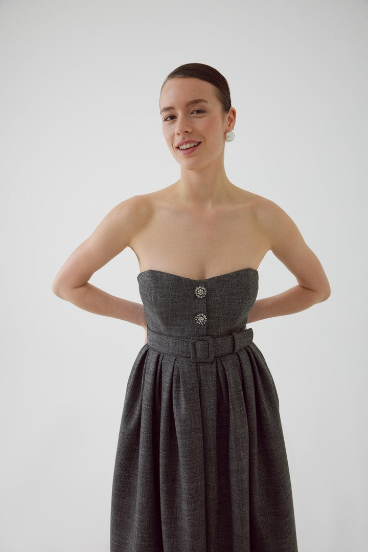 Strapless Belted Anthracite Midi Dress with Pleated Skirt