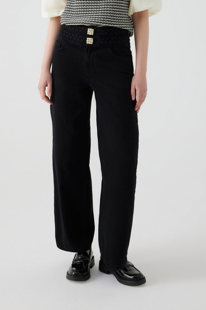 Black Cotton Regular Fit Wide Leg Denim Pants with Belt and Button Details