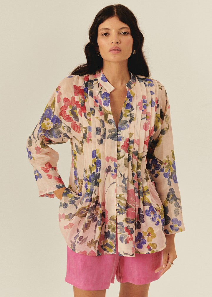 Relaxed Fit Blouse with Floral Print and Collarless Design