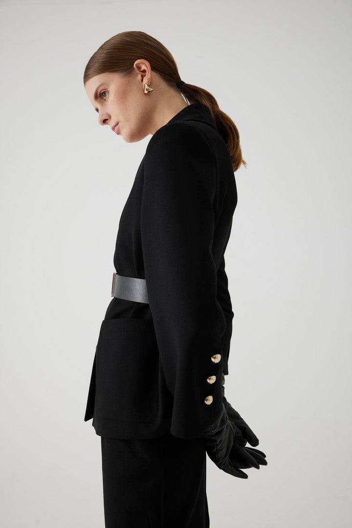 Black Regular Fit Jacket with Belt Detail and Large Pockets
