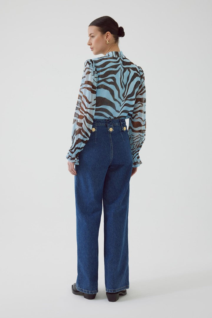 Regular Fit Zebra Print Blouse with Scarf Neck and Balloon Sleeves
