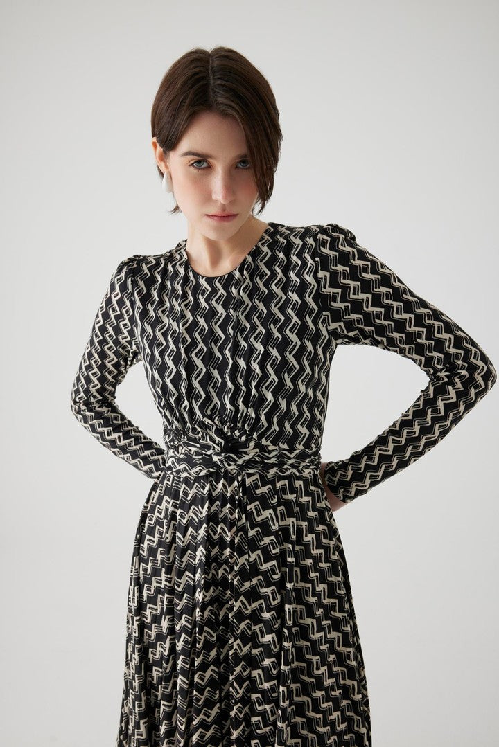 Geometric Patterned Stretch Knit Midi Dress with Tie Detail