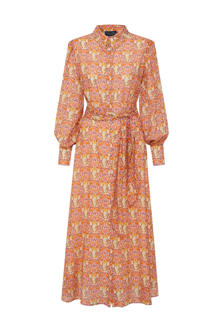 Floral Print Midi Dress with Shirt Collar, Long Sleeves, and Waist Tie Detail