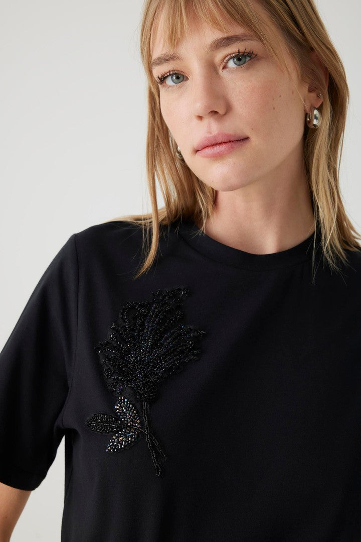 Black Regular Fit T-Shirt with Embroidered Crew Neck
